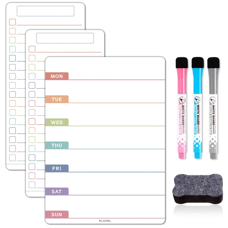 ALEZEL Magnetic Weekly Calendar for Refrigerator  Magnetic Menu Board Set for Fridge - Weekly Dry Erase Board & 2 Grocery List White Boards  3 Markers + Eraser - Image 1